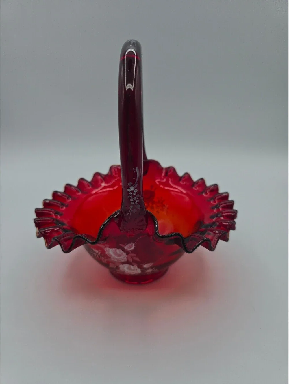 Vintage Fenton Ruby Red Hand Painted Flower Ruffled Art Glass Basket Signed